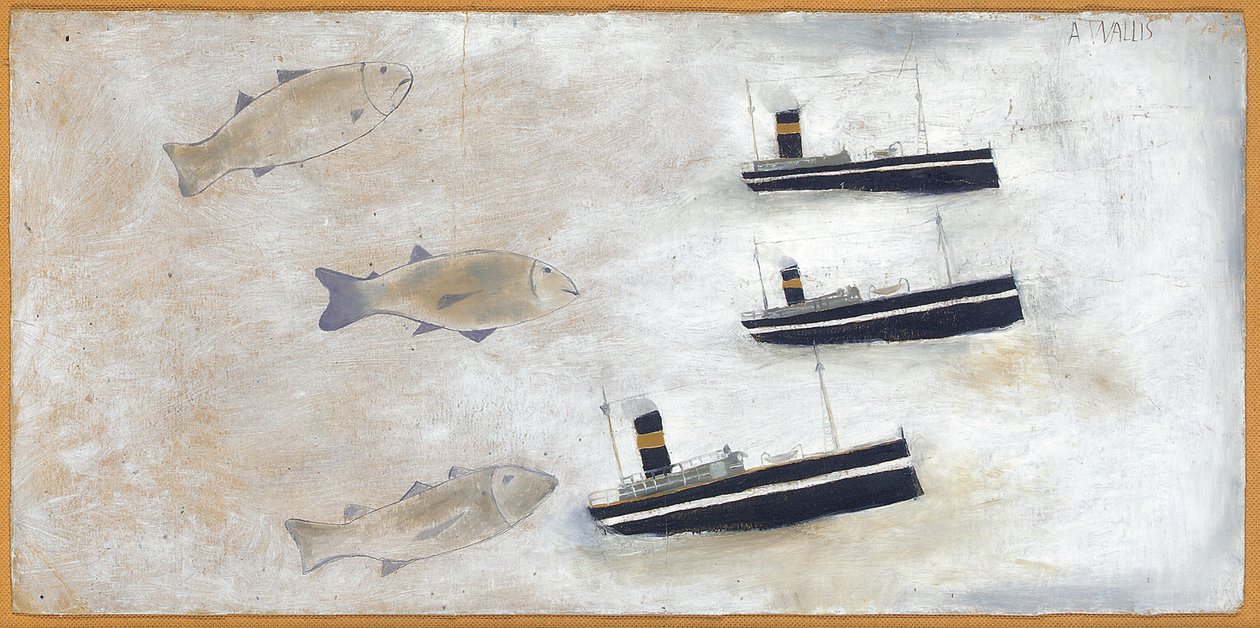 Fisk och trålare (penna och olja på kort) av Alfred Wallis