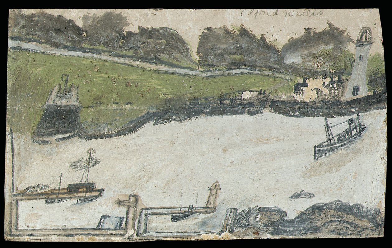 Hamnscen med slott och fyr (penna och olja på kort) av Alfred Wallis