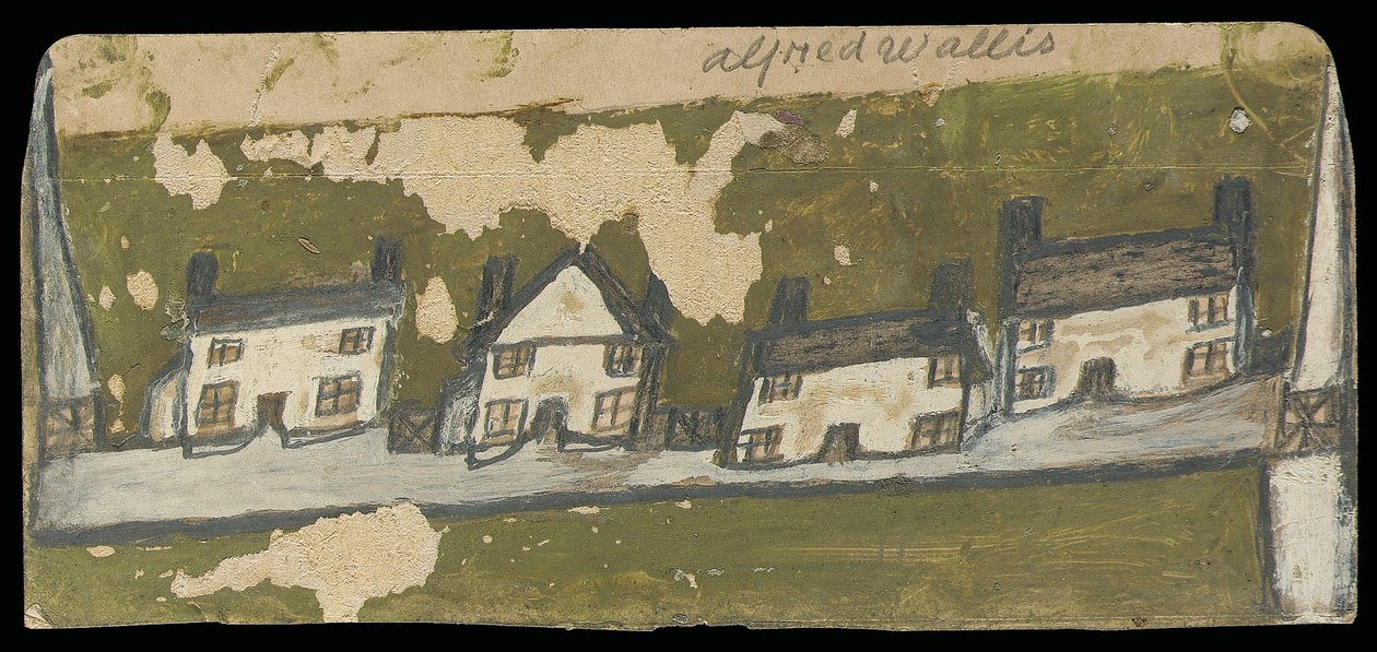 Rad med fyra stugor (olja & penna på kort) av Alfred Wallis