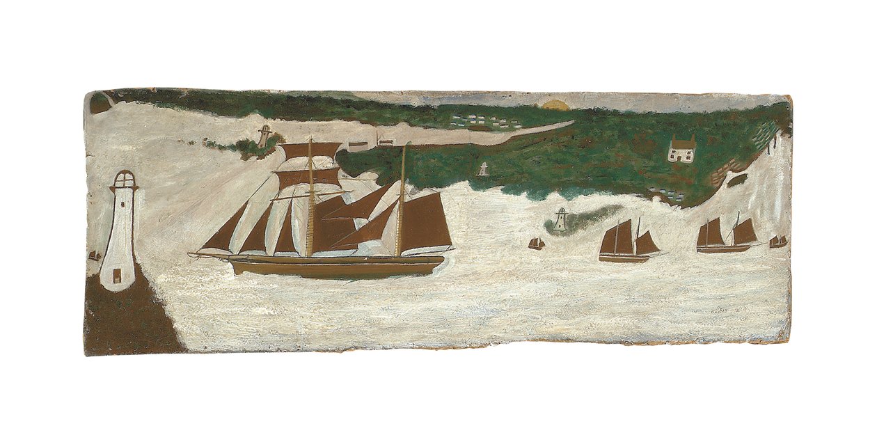 Skonare som passerar en fyr, ca 1855-1942 (olja på pannå) av Alfred Wallis