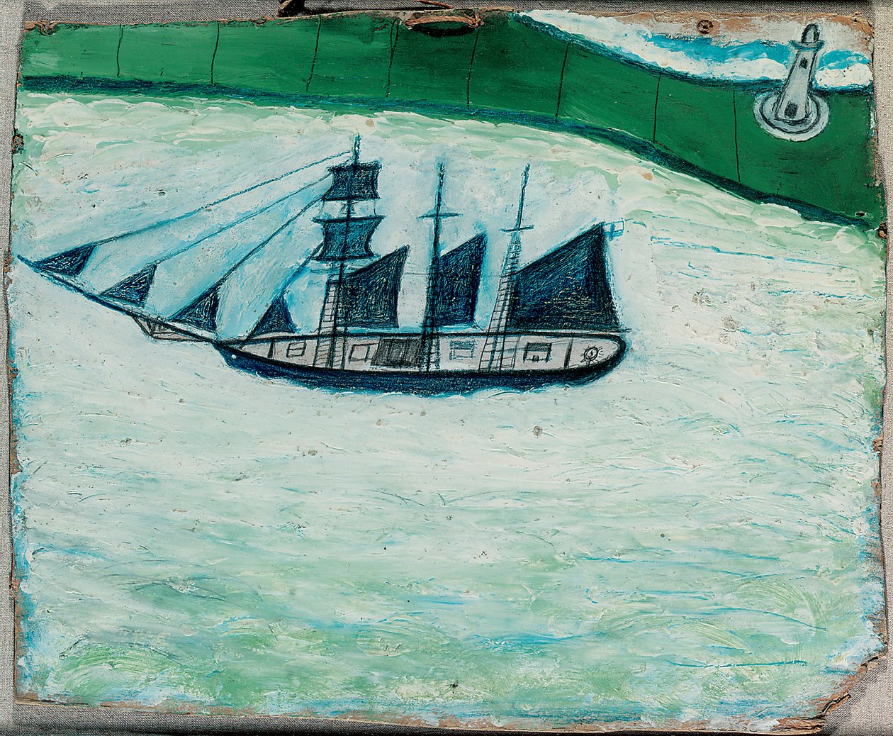 Skepp och fyr, ca 1925 (olja ombord) av Alfred Wallis