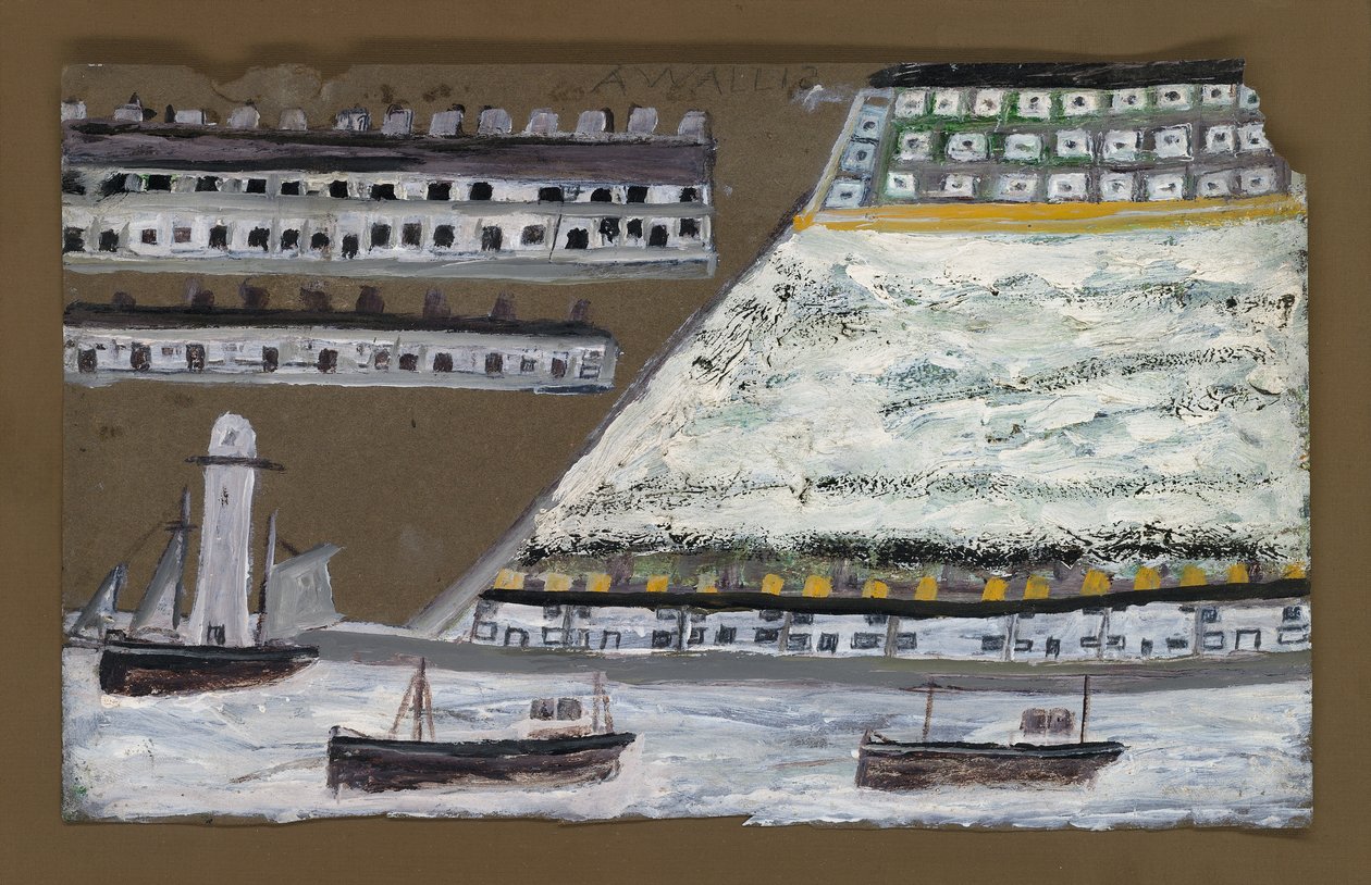 Skepp och fyr, hus (penna och olja på papper) av Alfred Wallis