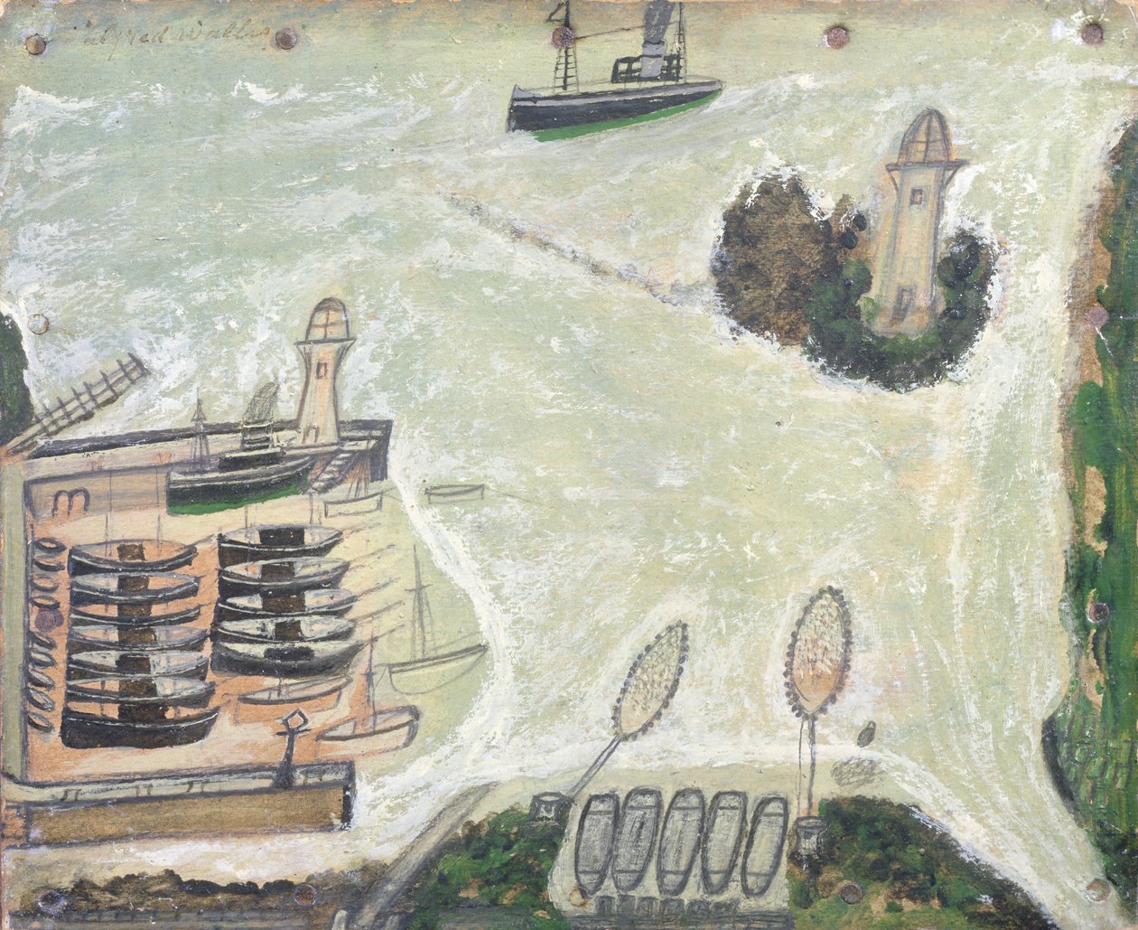 St. Ives hamn och Godrevy fyr, ca 1930 av Alfred Wallis