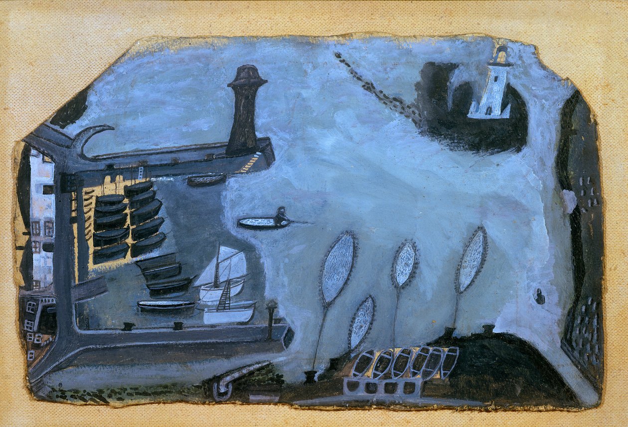 "Det här är Sain Fishery som brukade vara": St. Ives Harbor och Godrevy Lighthouse av Alfred Wallis