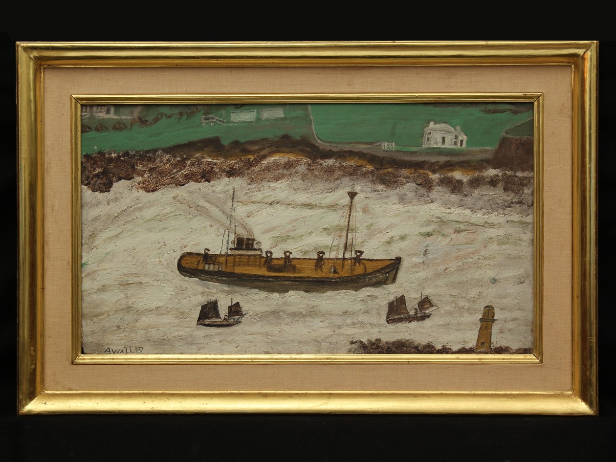 Tre båtar mellan fyren och stranden, ca 1930 (olja på kort) av Alfred Wallis