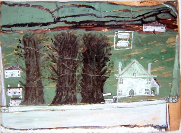 Tre träd, Vita huset i ett landskap (olja på kartong) av Alfred Wallis