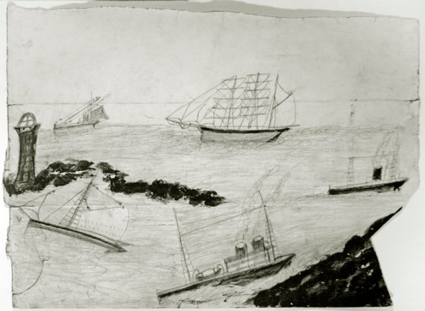 Tre segelfartyg, två ångfartyg och Godrevy Lighthouse, ca 1935-38 (olja & penna på kort) av Alfred Wallis