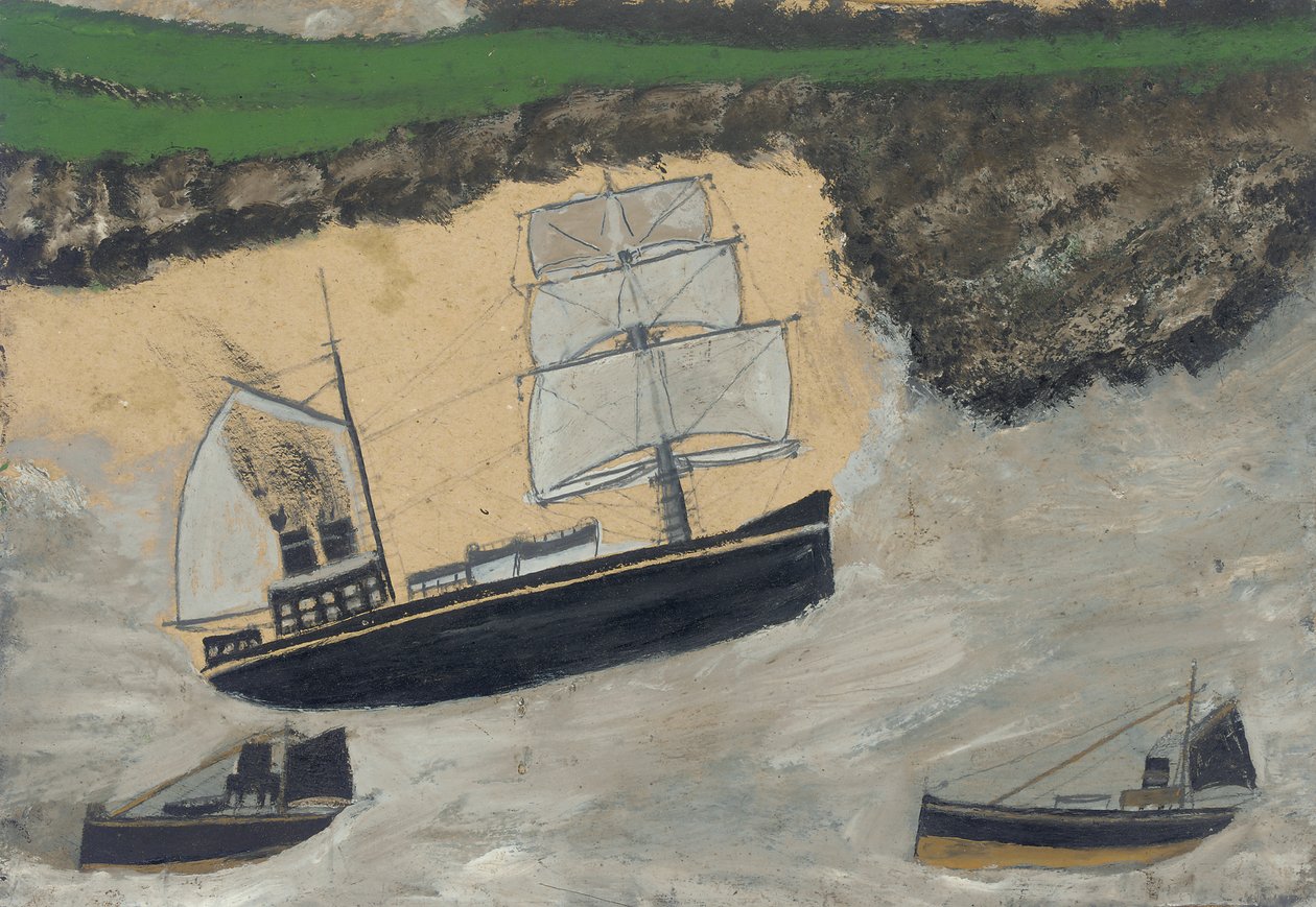 Tre ångbåtar (olja och penna ombord) av Alfred Wallis