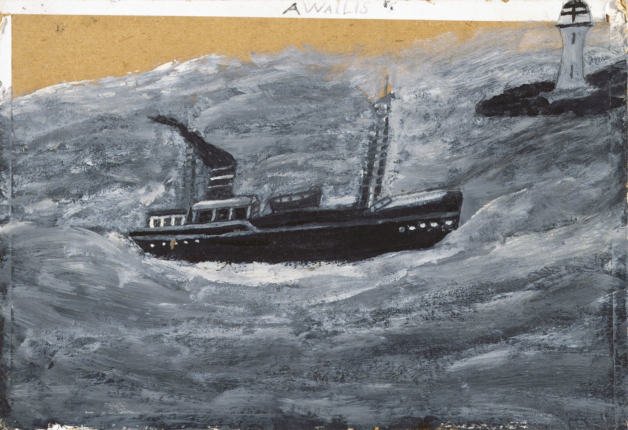 Trålare och pir (olja på kort) av Alfred Wallis