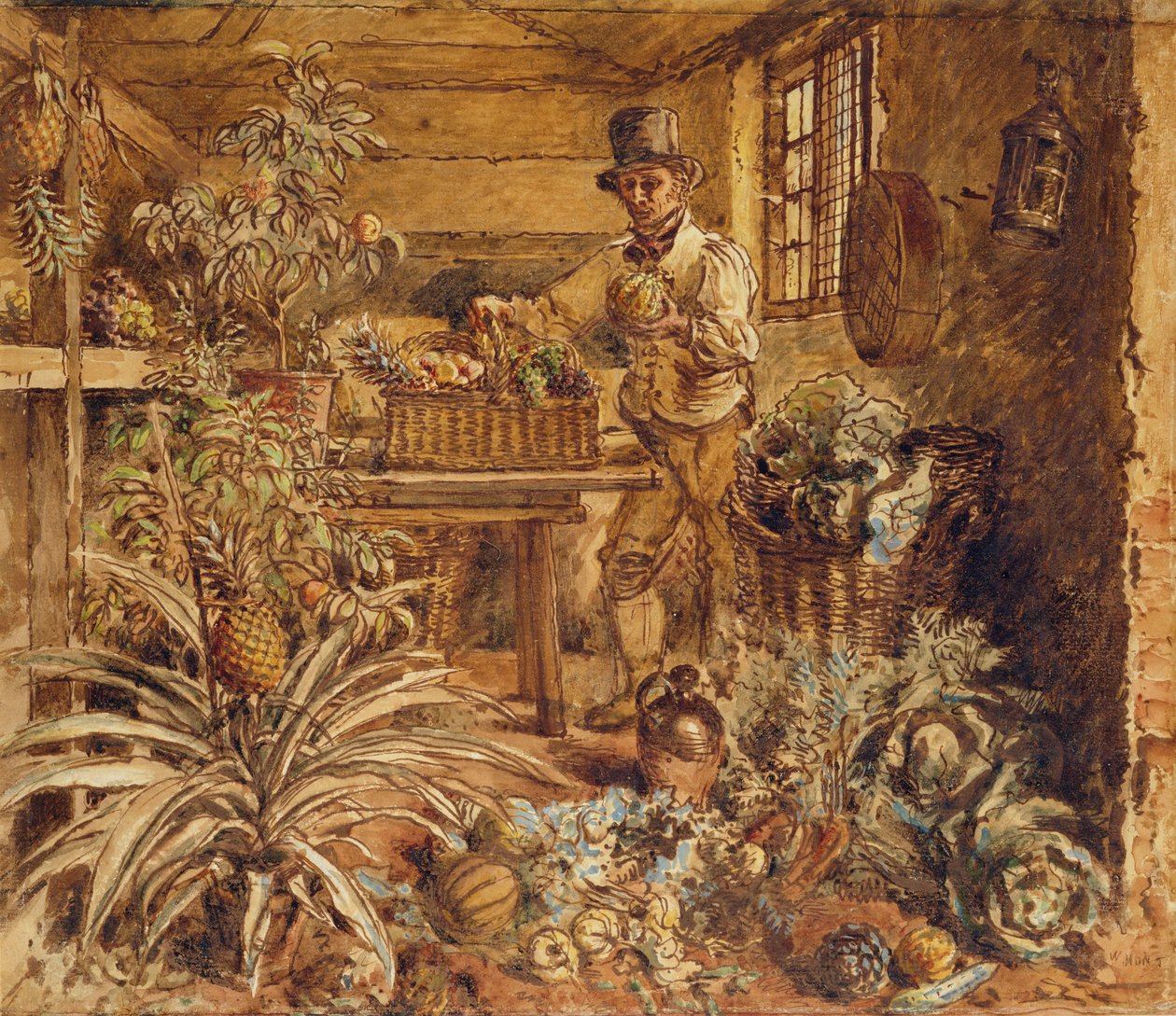 En trädgårdsmästare i ett krukskjul med ananas och olika grönsaker (penna, bläck och wc på papper) av Alfred William Hunt