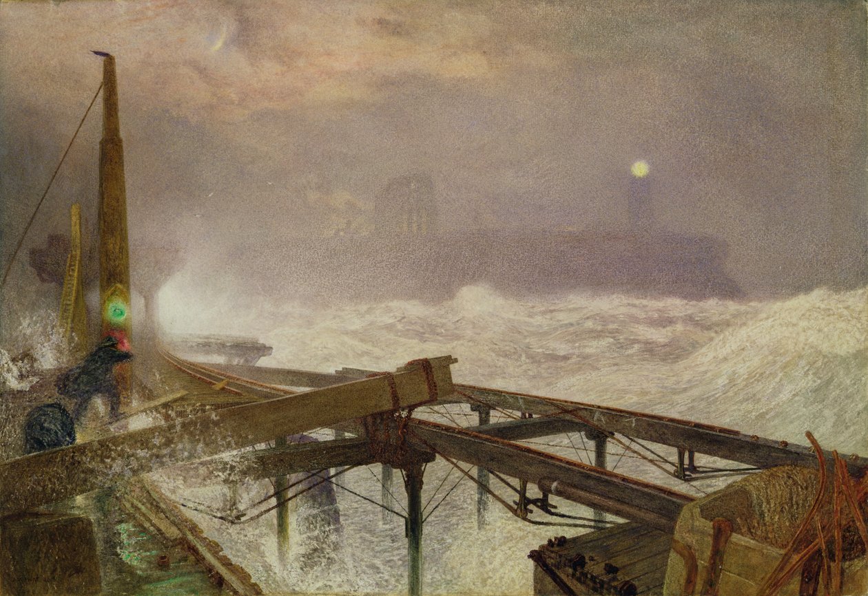 Blue Lights, Teignmouth Pier - Lighting the Lamps at Sunset, 1868 (wc, kroppsfärg och skrapa ut på papper) av Alfred William Hunt