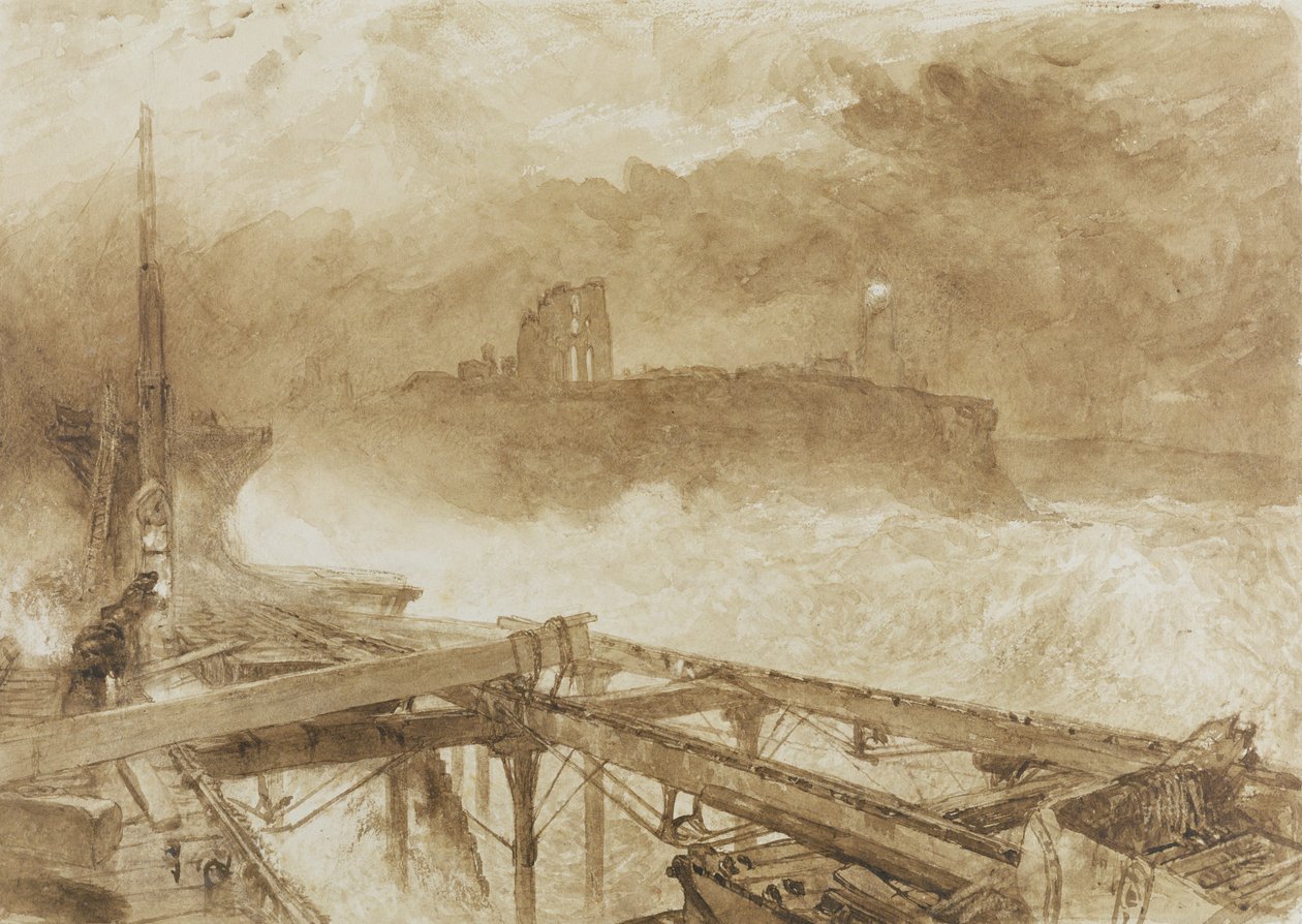 Studie för "Blue Lights" Tynemouth Pier - Lighting the Lamps at Sundown (brun tvätt och skrapa ut på papper) av Alfred William Hunt