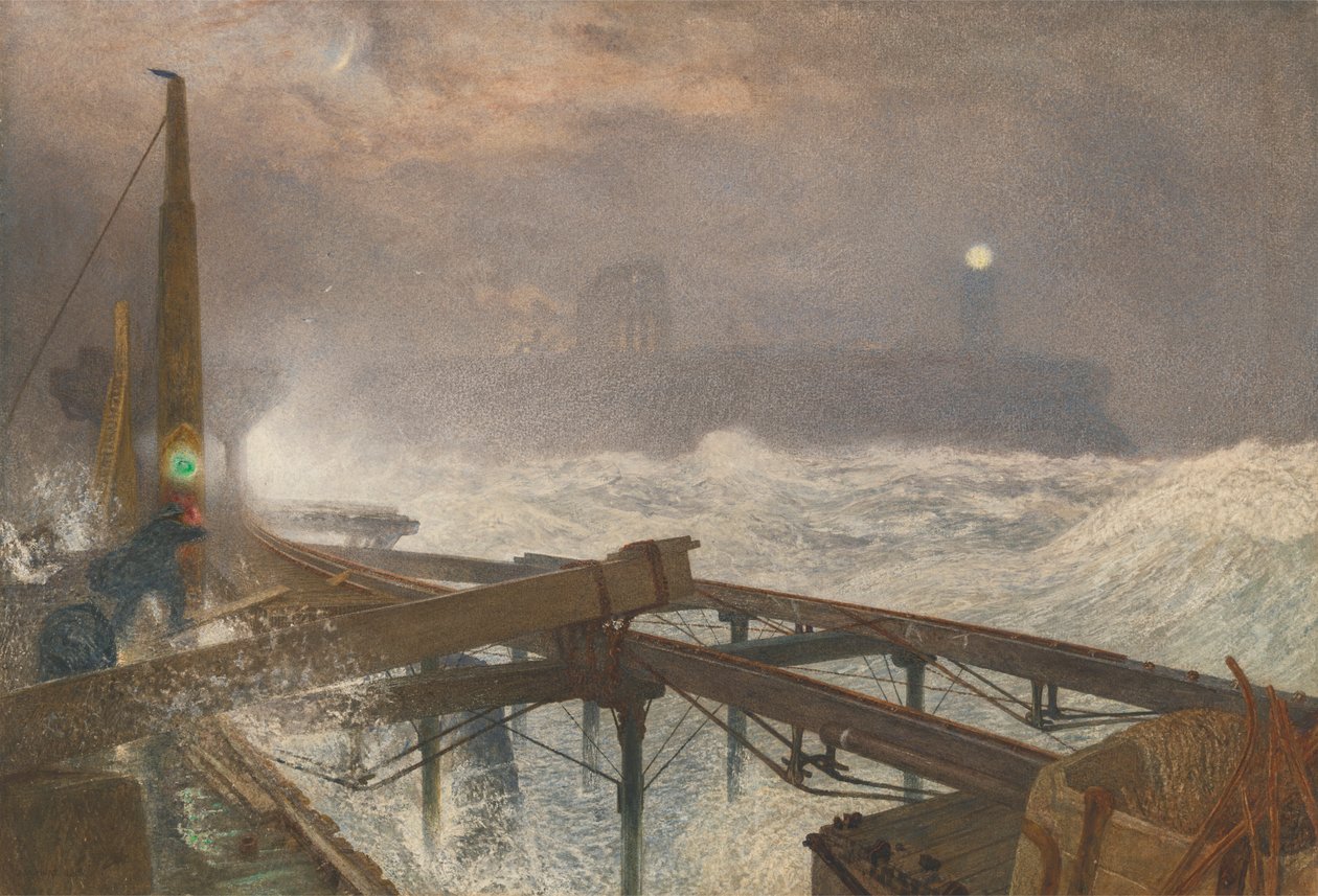 Tynemouth Pier - tänder lamporna vid solnedgången av Alfred William Hunt