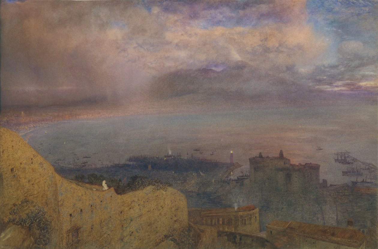 Utsikt över Neapelbukten med Vesuvius, Rökning, på distanskvällen, 1871. av Alfred William Hunt