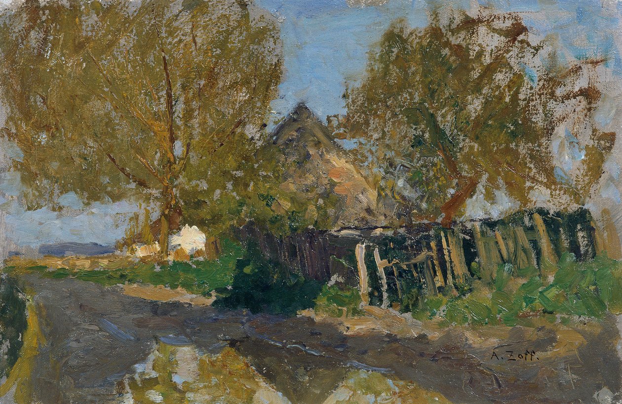 Bygata med hembygdsgård under träd av Alfred Zoff