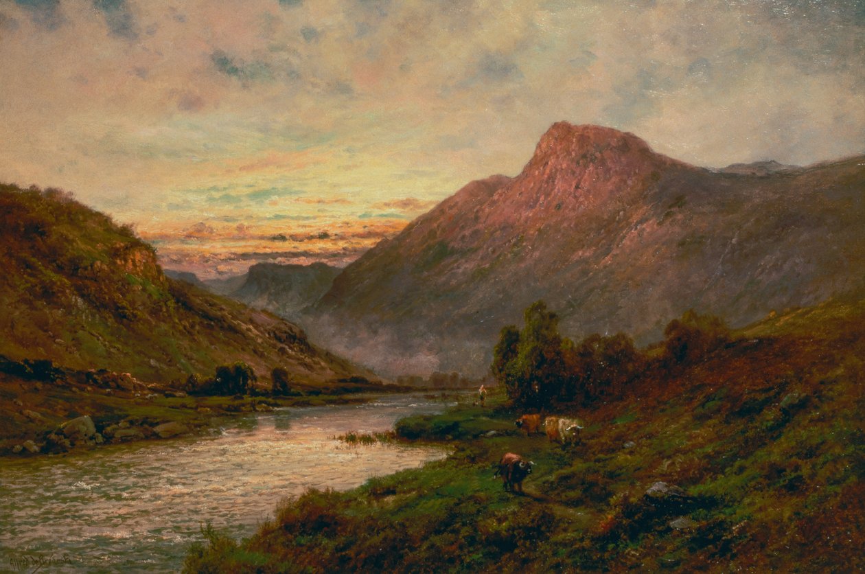 The Tay at Sunset, Dunkeld (olja) av Alfred de Breanski