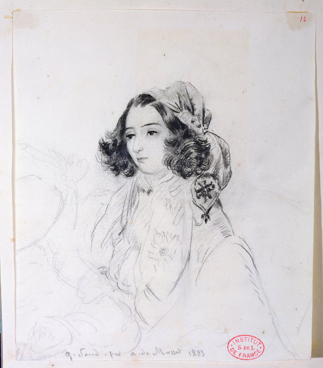 George Sand (1804-76) Bär en huvudduk, 1833 av Alfred de Musset