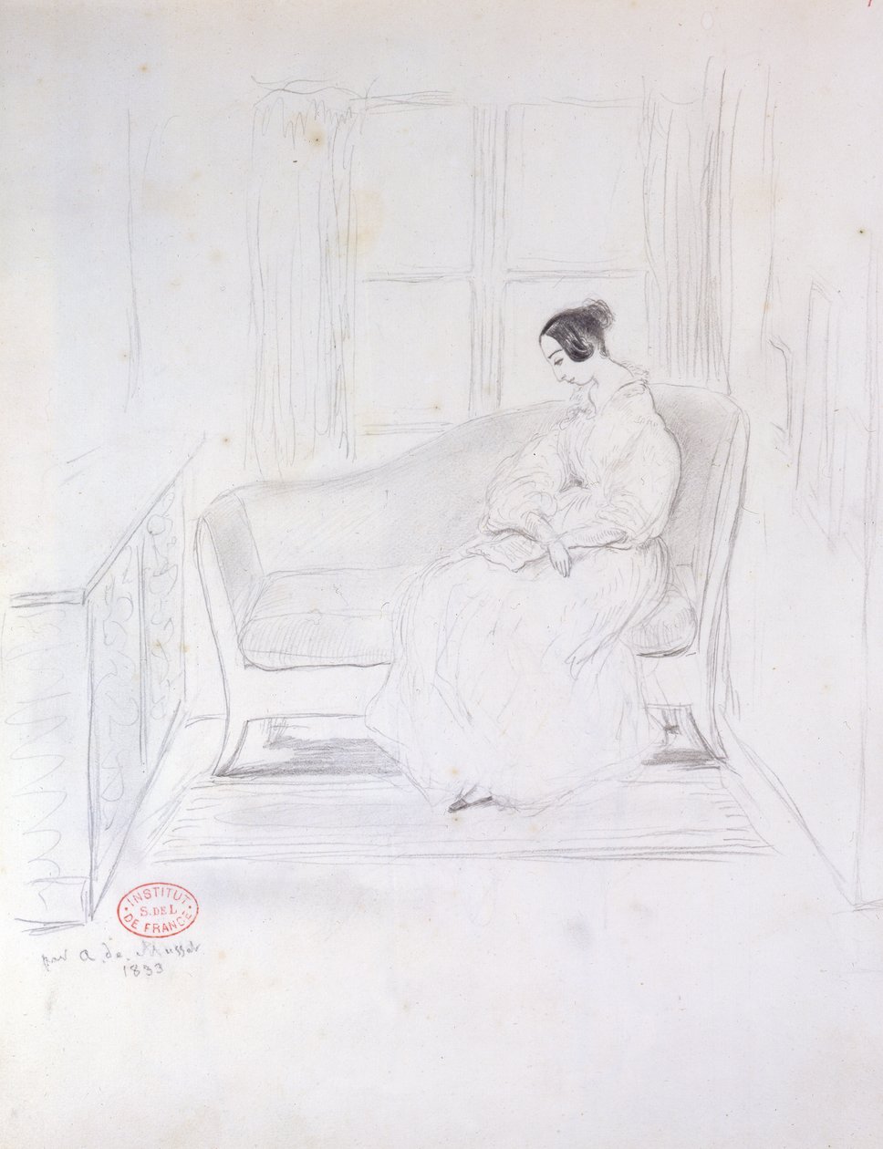 George Sand (1804-76), läser i en soffa bredvid ett fönster, 1833 av Alfred de Musset