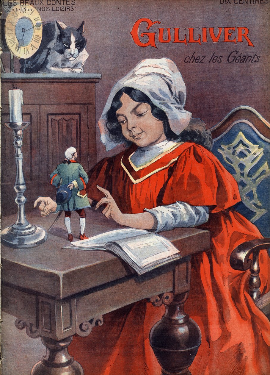 Gulliver i jättarna (Brobdingnag). Saga av Jonathan Swift (1667-1745). Illustration av Vaccari och Carrey i "" Les beaux tales"" samlingen "" Nos loisirs""" omkring 1910. Privat samling. av Alfredo and Carrey Vaccari