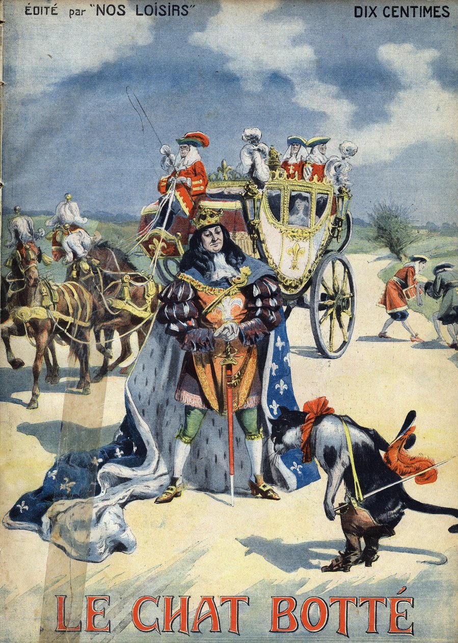 Stövelkatten. Folksagan. Illustration av Vaccari och Carrey i "" Les beaux tales"" samlingen "" Nos loisirs""" omkring 1910. Privat samling. av Alfredo and Carrey Vaccari