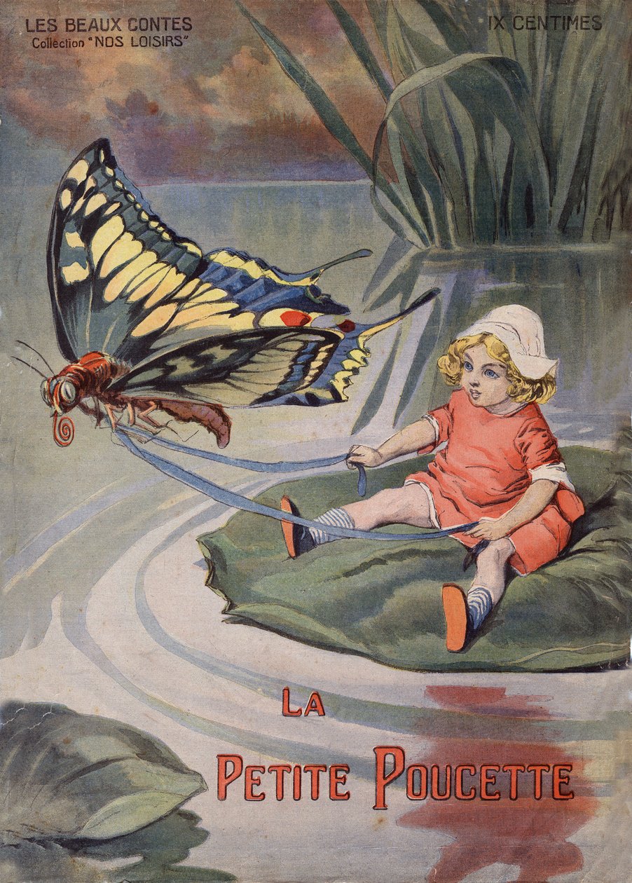 Den lilla tummen. En liten flicka som sitter på en näckros drar av en fjäril. Saga av Hans Christian Andersen (1805-1875). Illustration av Vaccari och Carrey i "" Les beaux tales"" samlingen "" Nos loisirs""" omkring 1910. Privat samling. av Alfredo and Carrey Vaccari