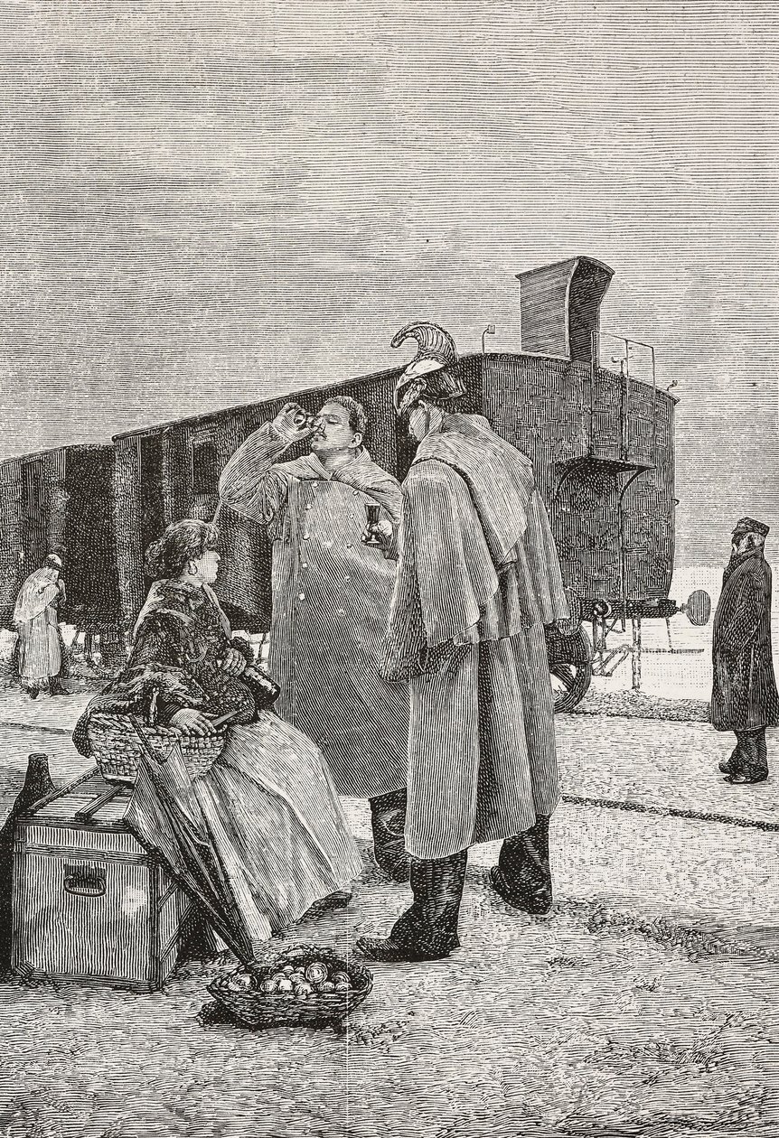 Five Minutes Stop, två män som står vid ett tåg slutar dricka och äta, gravering från en målning av Alfredo Luxoro (1859-1918), från L