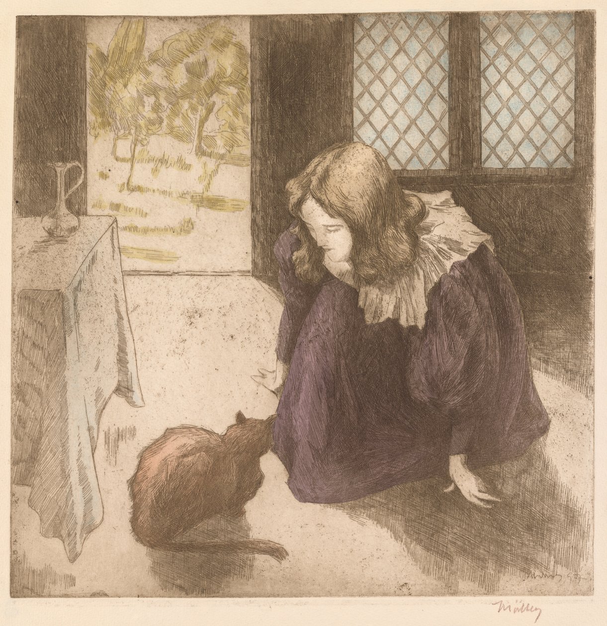 Interiör, liten flicka med katt (La Petite fille au chat) av Alfredo Müller