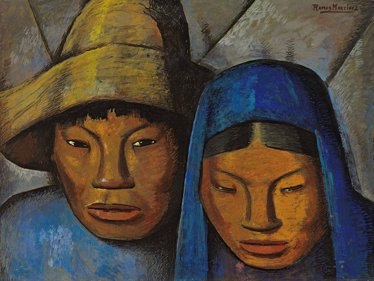 Paret i blått; La pareja en azul, ca 1930 (olja ombord) av Alfredo Ramos Martinez