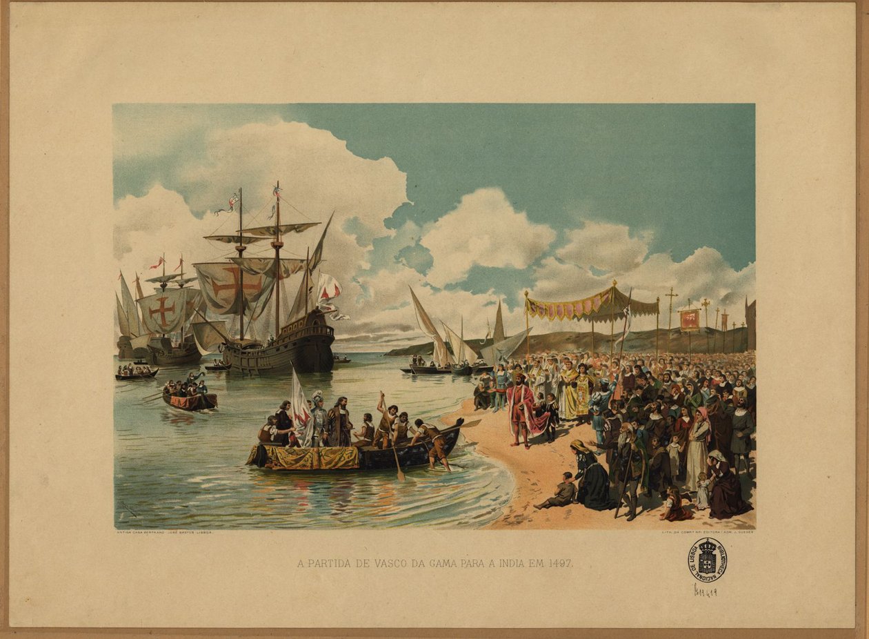 Vasco da Gamas ankomst till Indien, ca. 1900 av Alfredo Roque Gameiro