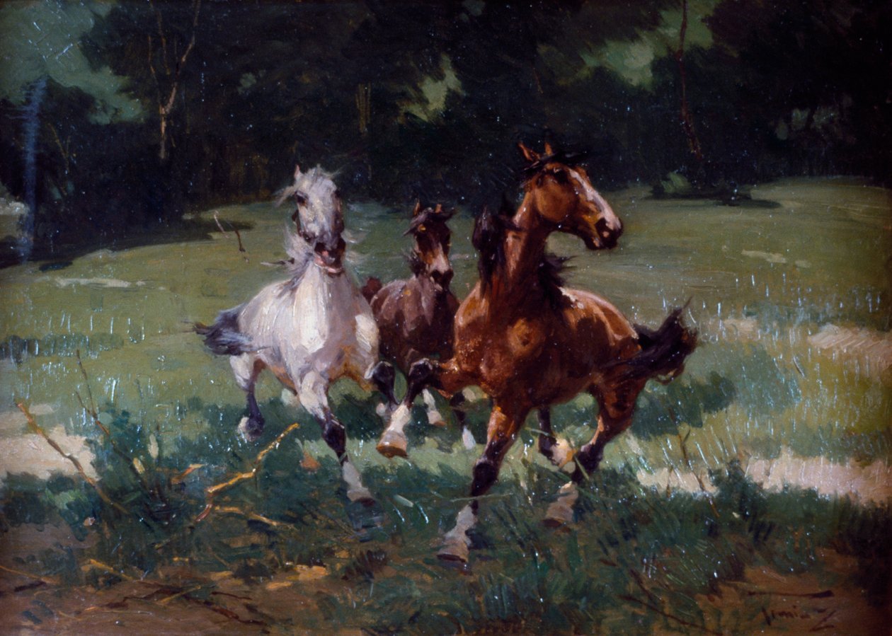 Running Horses, målning av Alfredo Tominz (1854-1936), olja på kartong, 67x48 cm, Italien av Alfredo Tominz