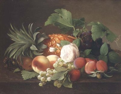 Stilleben med ananas, persikor, plommon och vindruvor av Alfrida Vilhelmine Ludovica Baadsgaard