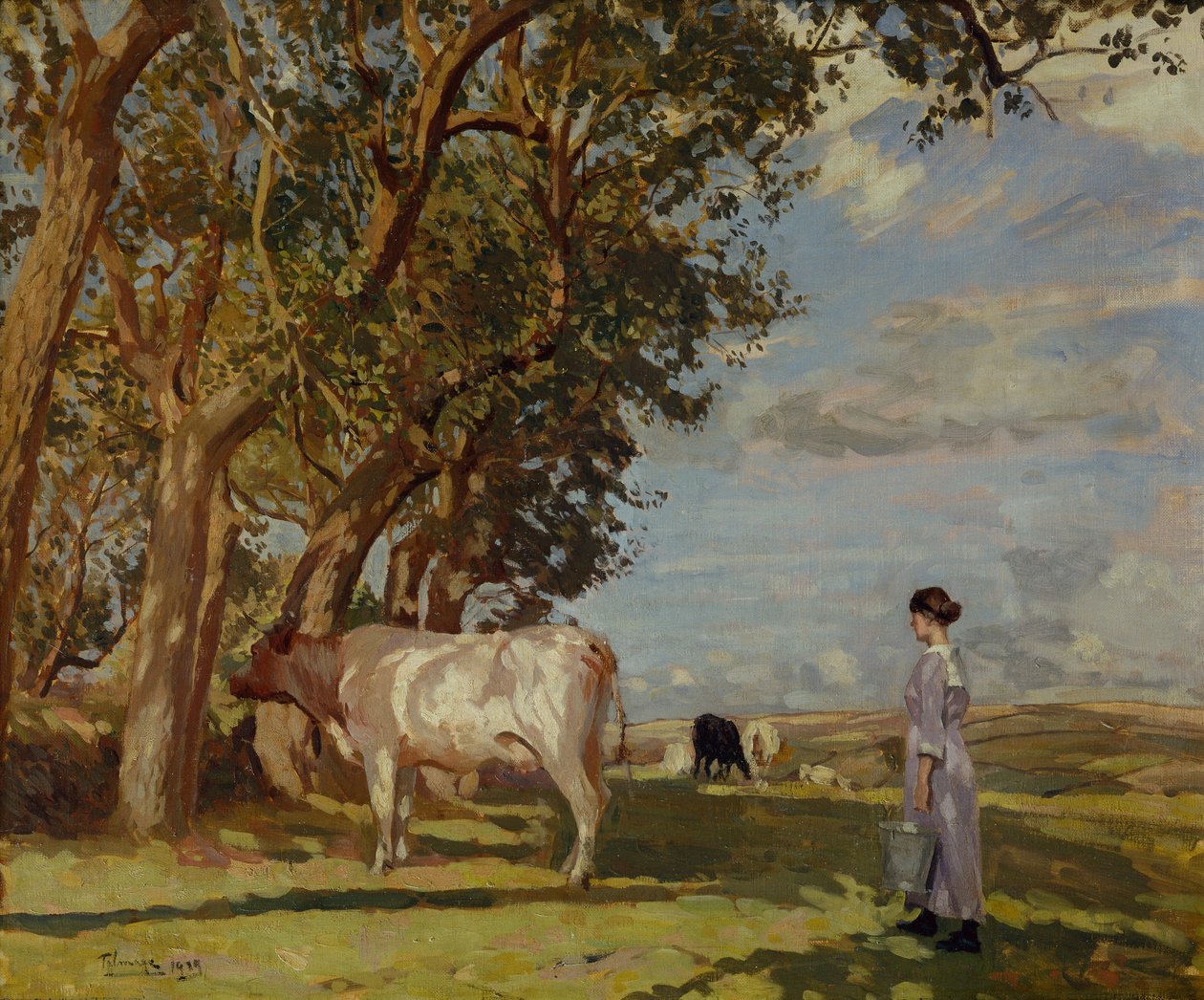 Sommarmorgon, en mjölkpiga och boskap av Algernon Mayow Talmage
