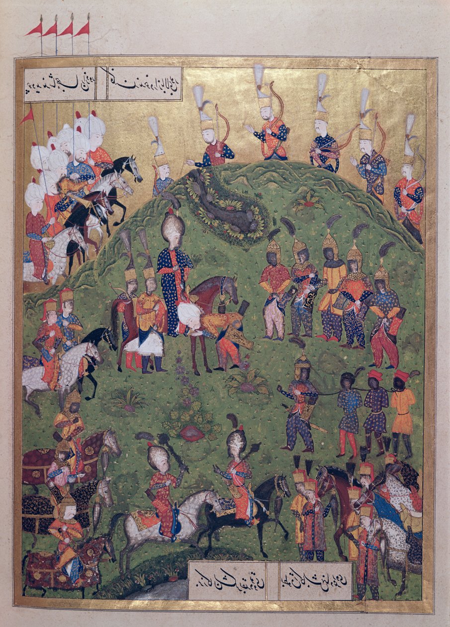 Sultan Suleyman I (1495-1566) anländer till fästningen Bogurdelen, från "Suleymanname" (Mss Hazine. 1517 f.81r), 1558 (bläck och bladguld på pergament) av Ali Amir Beg