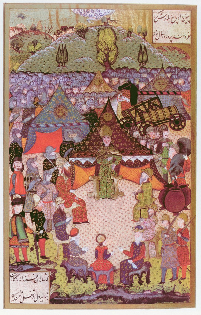Kungen av Ungern, Lajos II (1506-26) i råd före slaget vid Mohacs 1526, 1558 (bläck och bladguld på veläng) av Ali Amir Beg
