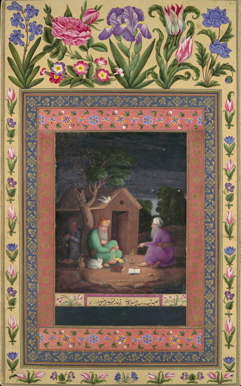Two Old Men in Discussion Outside a Hut, Folio från Davis Album, A.H.1085A.D.1674-75. av Ali Quli Jabbadar