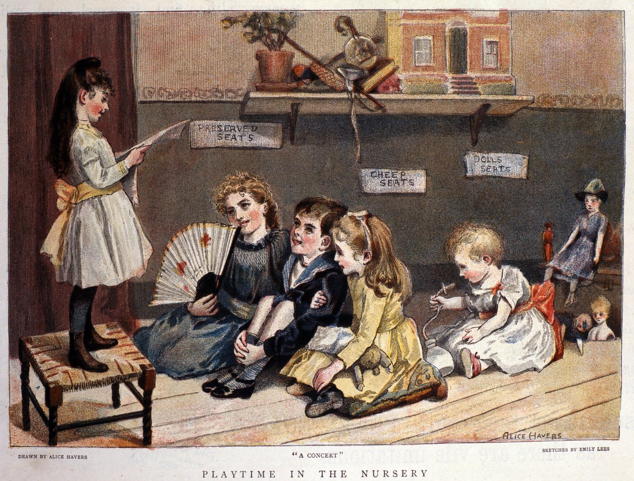 Barnspel: "" konserten""" En liten flicka sjunger inför en publik med barn och leksaker. Teckning av Alice Havers. 1877 av Alice Havers