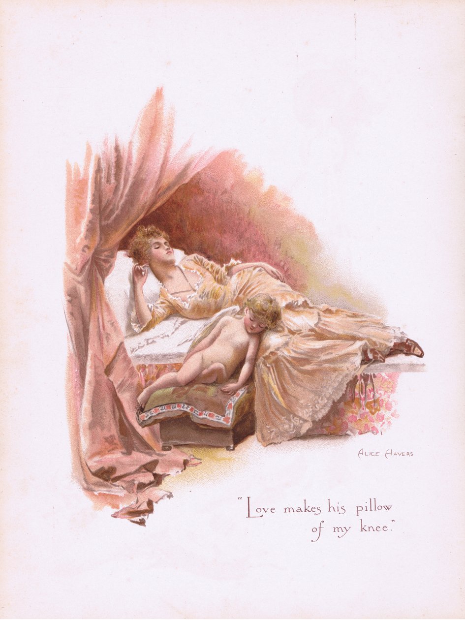 Kärlek gör sin kudde av mitt knä, från Some Old Love Songs publicerade av Hildesheimer & Faulkner, 1892 av Alice Havers