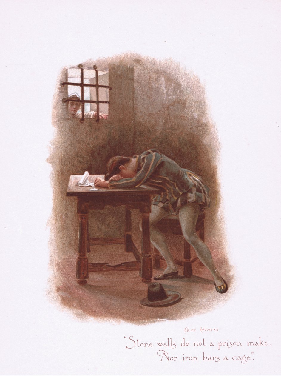 Stenmurar gör inte ett fängelse, från Some Old Love Songs publicerade av Hildesheimer & Faulkner, 1892 av Alice Havers