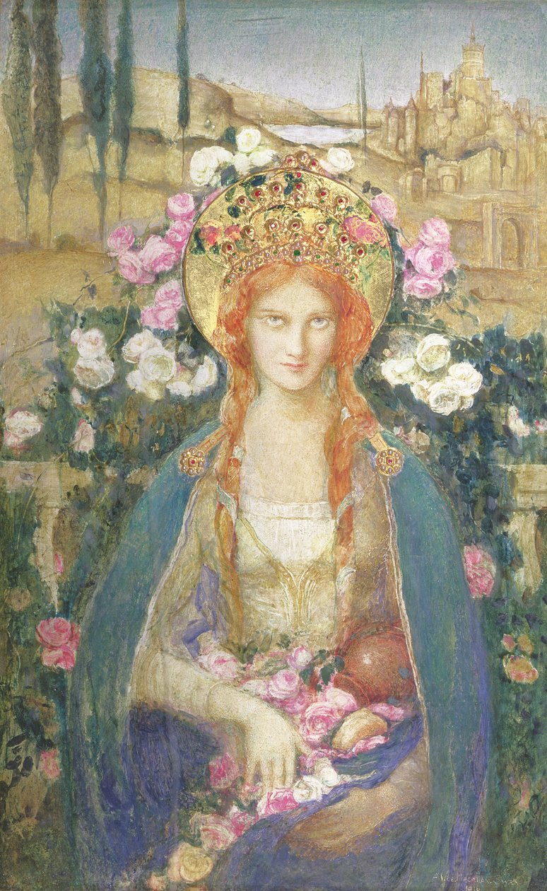 St. Elizabeth av Ungern, 1916 (tempera på papper nedlagt ombord med bladguld insatt med halvädelstenar på diademrelief) av Alice Macallan Swan
