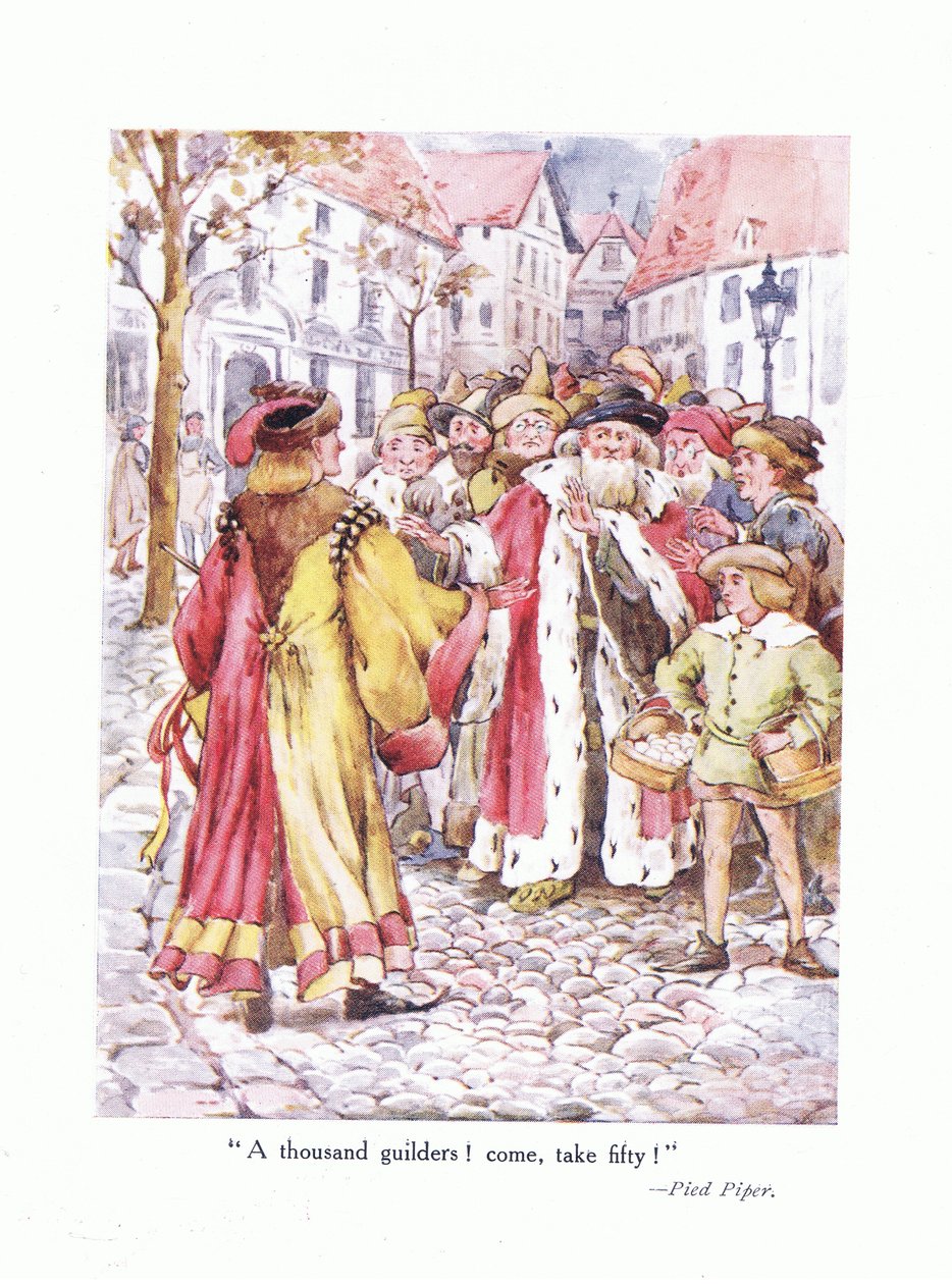 Tusen gulden! Kom och ta femtio!, illustration från Poems for the Young: Robert Browning, c.1920 av Alice Ross
