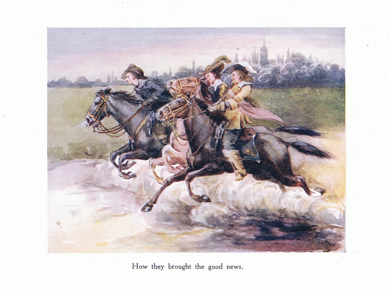 Hur de förde de goda nyheterna från Gent till Aix, illustration från Poems for the Young: Robert Browning, ca 1920 av Alice Ross