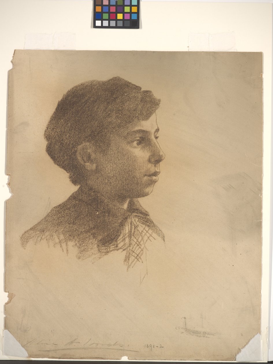 Huvud (krita på benvitt papper) av Alice Woods