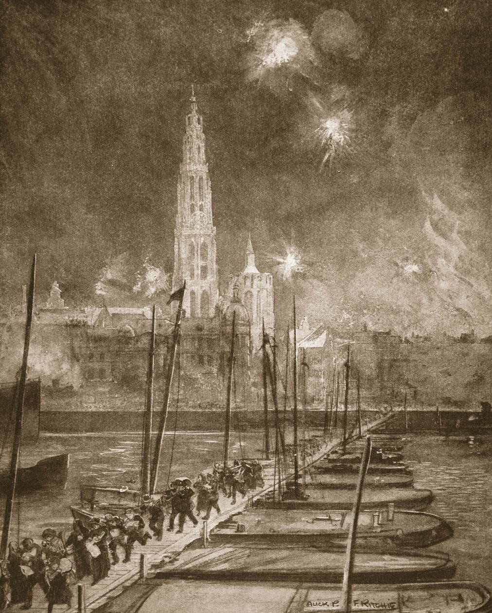 Flyktingar från Antwerpen på väg över Pontonbron över Scheldt. av Alick P. F. Ritchie
