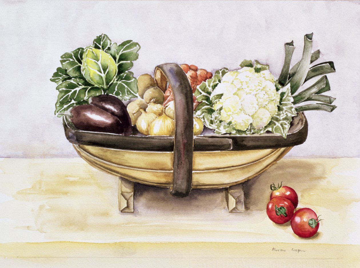 Stilleben med en trug av grönsaker, 1996 av Alison Cooper