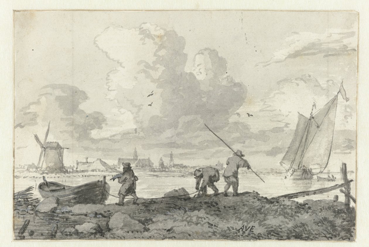 Fiskare med sin roddbåt på Spaarne nära Haarlem av Allaert van Everdingen