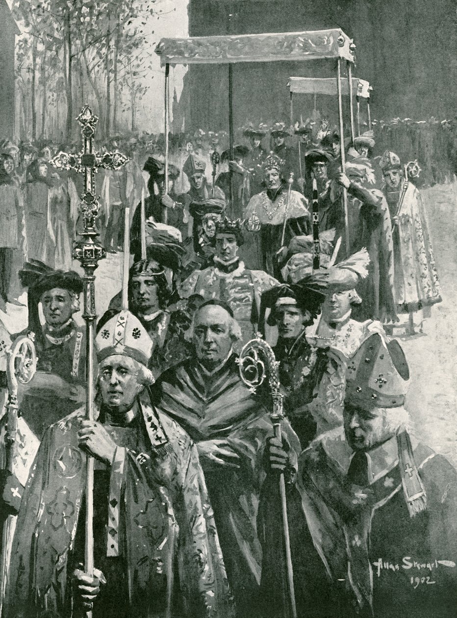 Processionen från klostret till salen vid kröningen av Richard III och Anne av Warwick (litografi) av Allan (after) Stewart