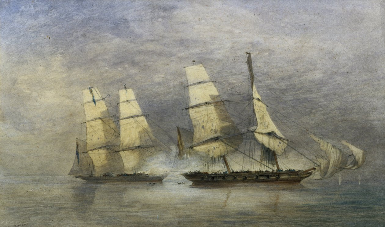 Det "svarta skämtet" som fångar den spanska slavbrigen, "Almirante" i Beninbukten, 1 februari 1829 (akvarell på papper) av Allan Duncan