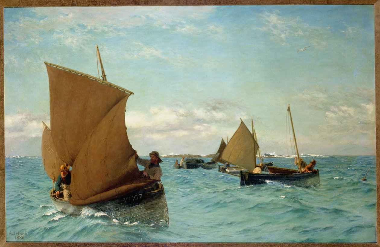 Luggers picking up Moorings, 1886 av Allan J. Hook