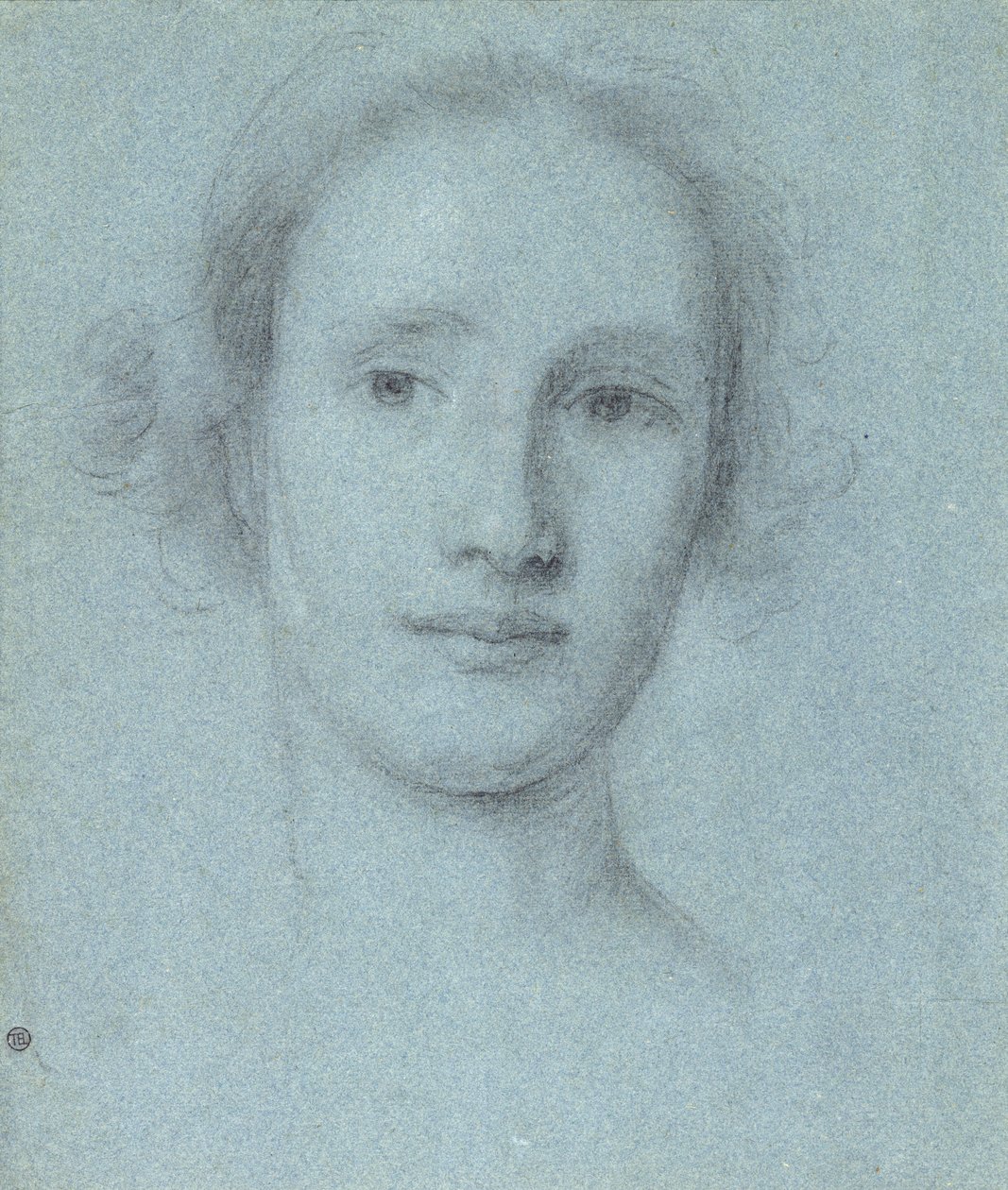 Head of a Girl (svart och vit krita på blått papper) av Allan Ramsay