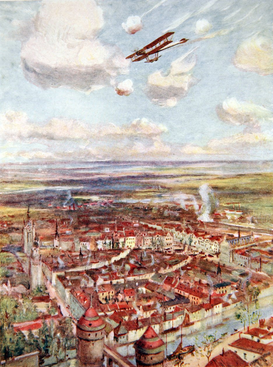 Löjtnant Rhodes-Moorhouse flyger över Courtrai för att bomba järnvägen (färg litho) av Allan Stewart